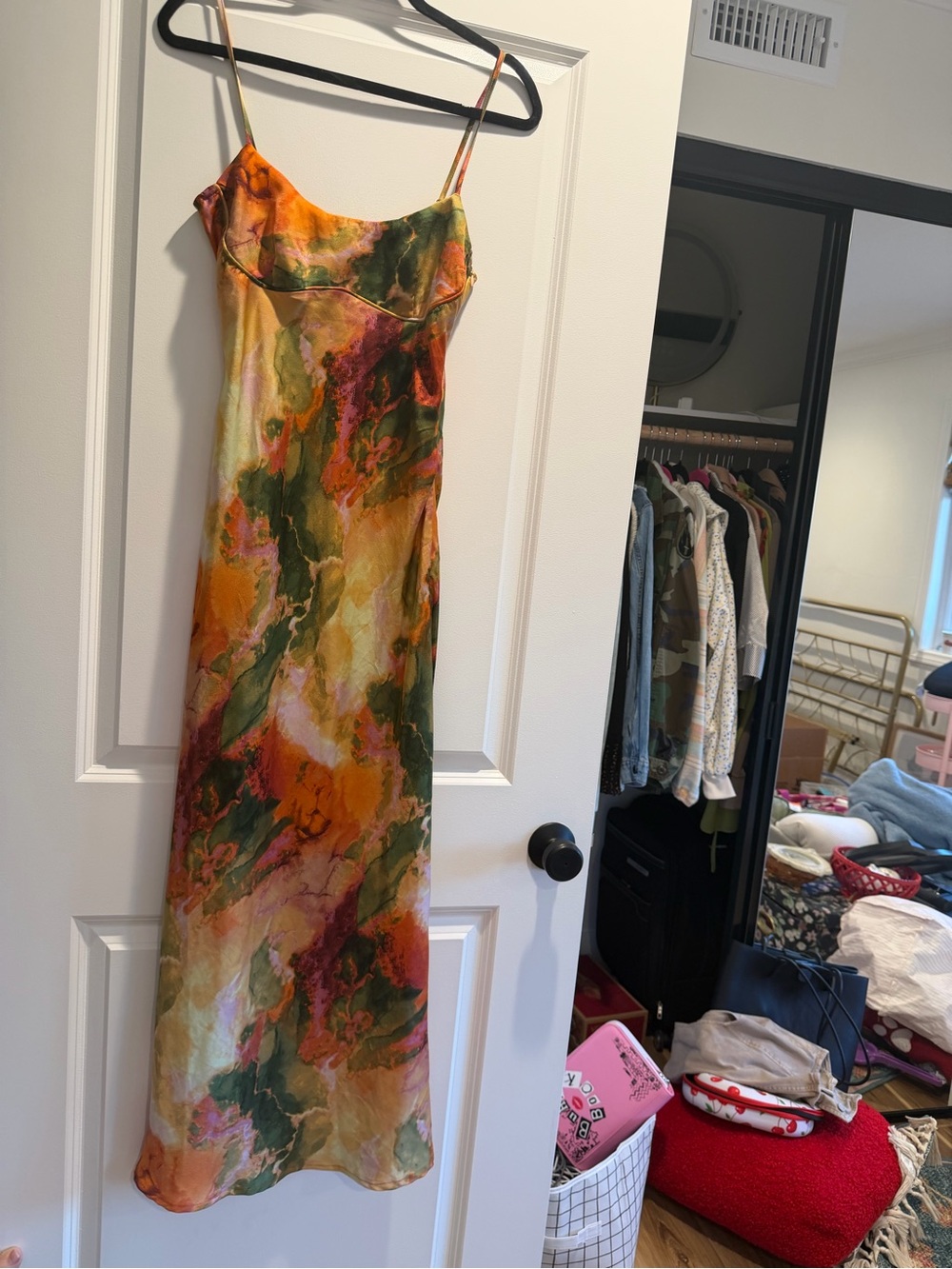 Marble-Print Slip Dress in Orange, Green & Pink